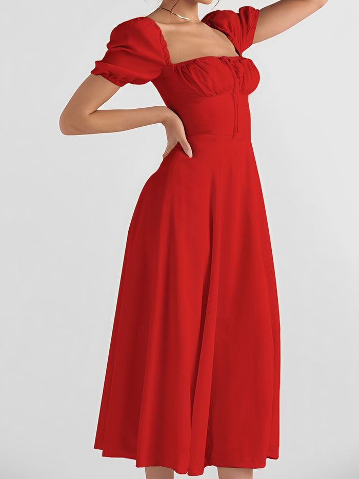 Allegra K Flattering A-Line Silhouette With Asymmetrical Ruches Puff Sleeve Solid Color Ruched Midi A-Line Date Nights & Garden Parties Dress