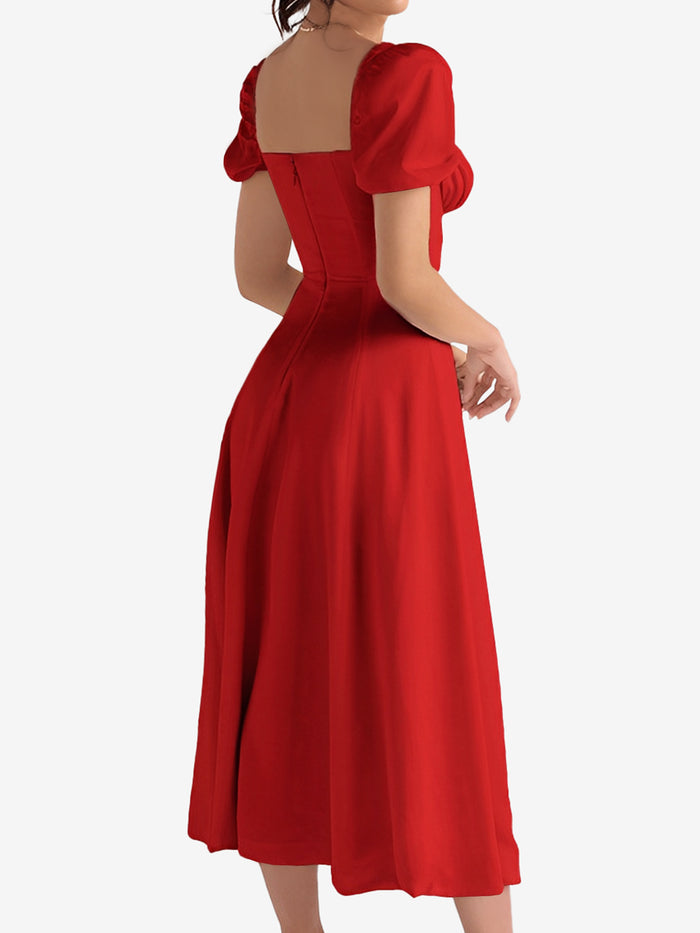 Allegra K Flattering A-Line Silhouette With Asymmetrical Ruches Puff Sleeve Solid Color Ruched Midi A-Line Date Nights & Garden Parties Dress