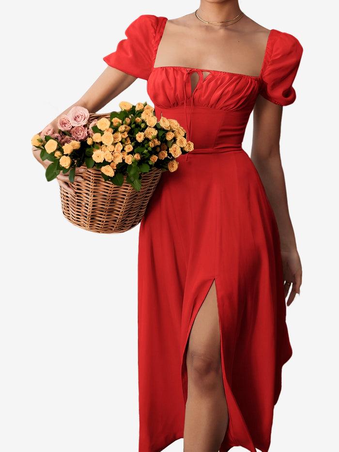 Allegra K Flattering A-Line Silhouette With Asymmetrical Ruches Puff Sleeve Solid Color Ruched Midi A-Line Date Nights & Garden Parties Dress