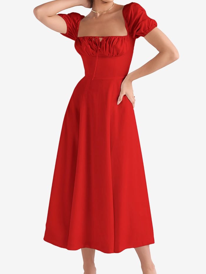 allegra k Flattering A-Line Silhouette with Asymmetrical Ruches Puff Sleeve Solid Color Ruched Midi A-Line Date Nights & Garden Parties Dress