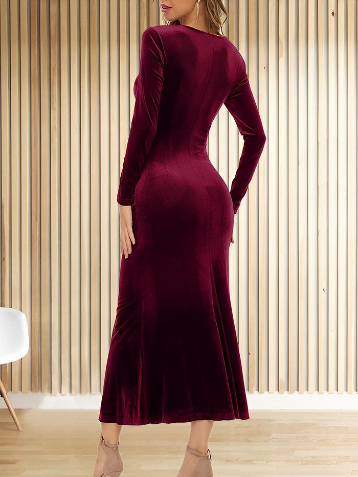 Allegra K Flattering Asymmetrical Ruches With Fishtail Hem Velvet Ruched Long Sleeves Bodycon Fishtail Maxi Date Nights Dress
