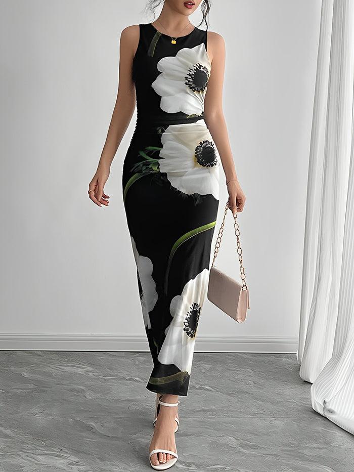Allegra K Flattering Ruched Waist Floral Mesh Sleeveless Bodycon All-Over Bloom Print Maxi Dress