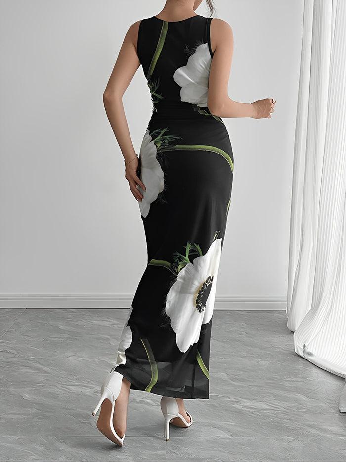 Allegra K Flattering Ruched Waist Floral Mesh Sleeveless Bodycon All-Over Bloom Print Maxi Dress