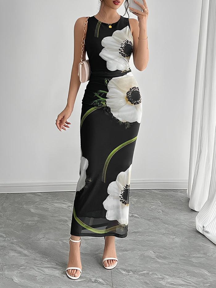 allegra k Flattering Ruched Waist Floral Mesh Sleeveless Bodycon All-Over Bloom Print Maxi Dress