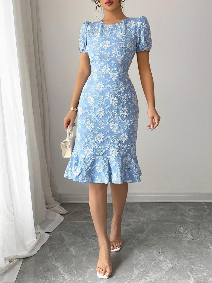 Allegra K Flattering Slim Fit Jacquard Textured Puff Sleeves Bodycon Midi Dress