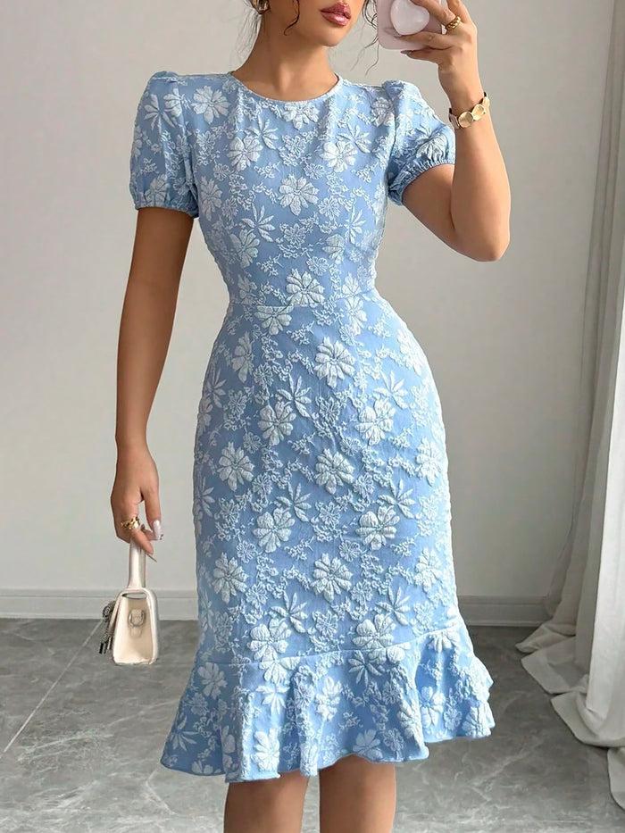 allegra k Flattering Slim Fit Jacquard Textured Puff Sleeves Bodycon Midi Dress