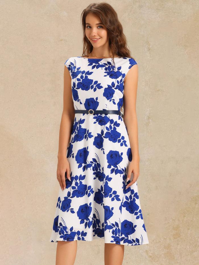 allegra k Floarl Cap Sleeve Belted A-Line Midi Dress