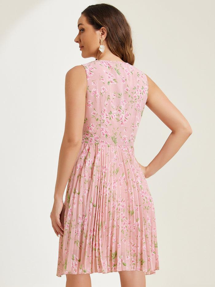 Allegra K Floral A-Line Knee Length Sleeveless Pleated Midi Dress