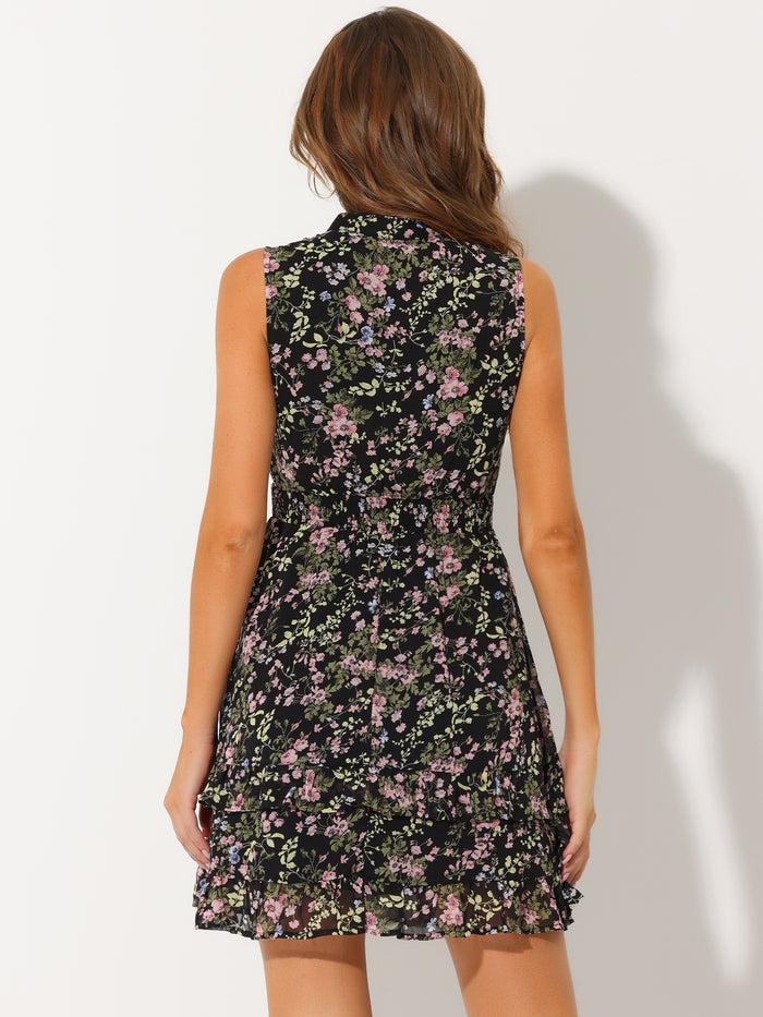 Allegra K Floral A-line Smocked Waist Tiered Ruffled Chiffon Mini Dress