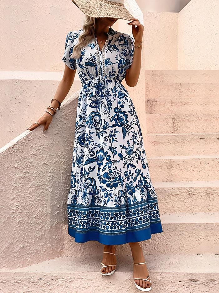 Allegra K Floral Boho Short Sleeves A-Line Maxi Dress