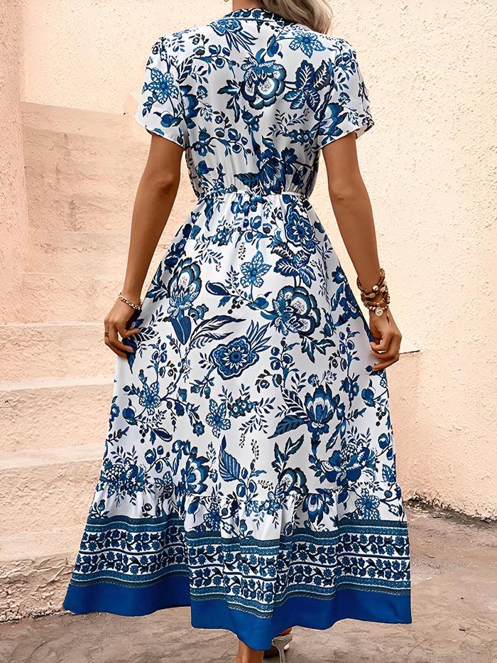 Allegra K Floral Boho Short Sleeves A-Line Maxi Dress
