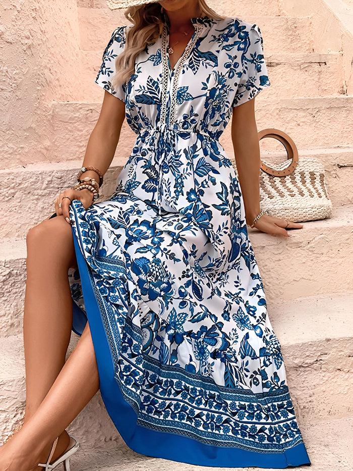 Allegra K Floral Boho Short Sleeves A-Line Maxi Dress