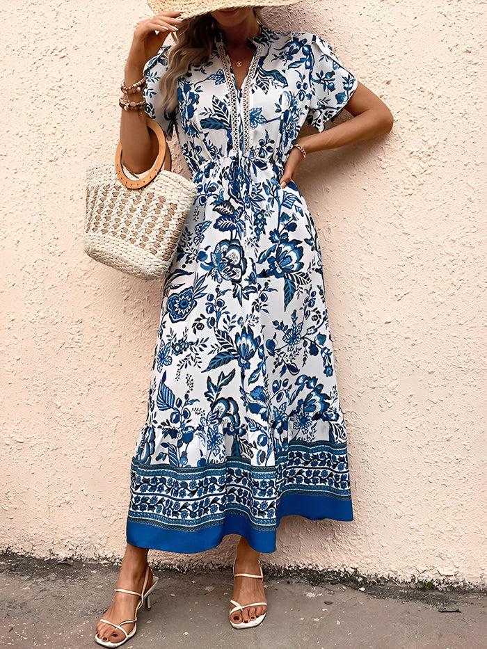 allegra k Floral Boho Short Sleeves A-Line Maxi Dress