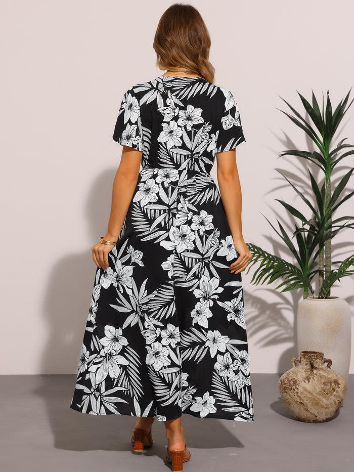 Allegra K Floral Casual Flutter Short Sleeve Slit Maxi Dress