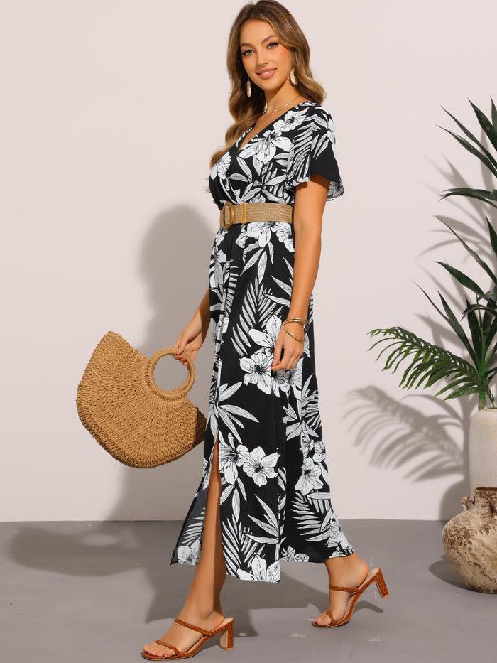 Allegra K Floral Casual Flutter Short Sleeve Slit Maxi Dress