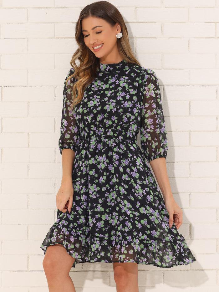 allegra k Floral Casual Mock Neck Chiffon A-Line Midi Dress
