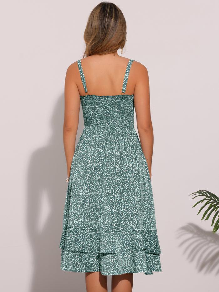 Allegra K Floral Casual Sleeveless Smocked Ruffled Midi Dress