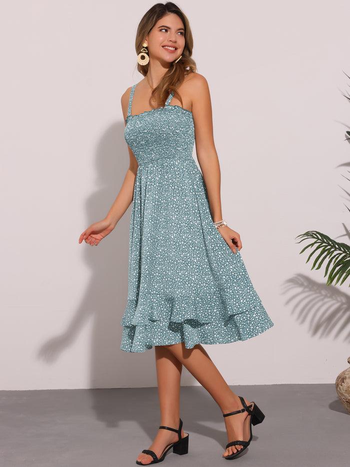 Allegra K Floral Casual Sleeveless Smocked Ruffled Midi Dress
