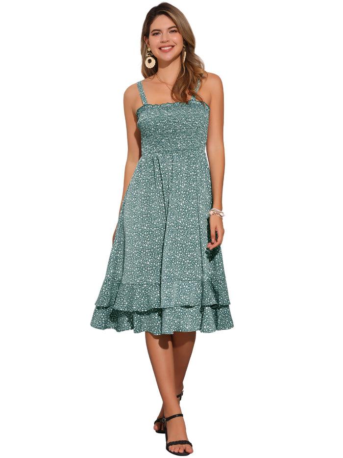 Allegra K Floral Casual Sleeveless Smocked Ruffled Midi Dress