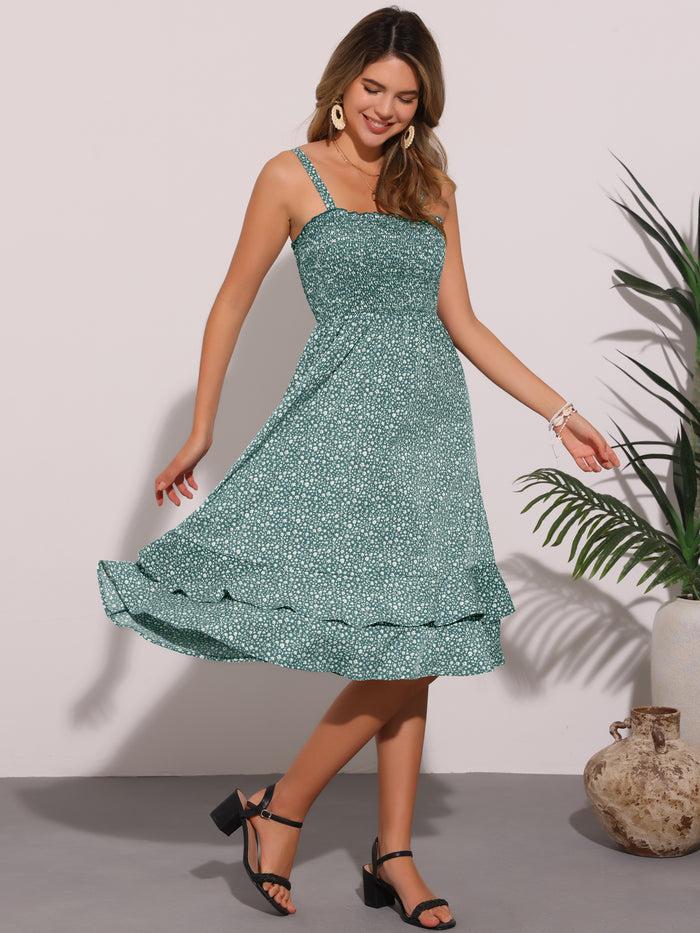 allegra k Floral Casual Sleeveless Smocked Ruffled Midi Dress