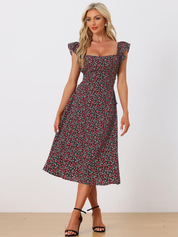Allegra K Floral Cherry Print Lace-up Square Neck Ruffle Midi Dress Sundress