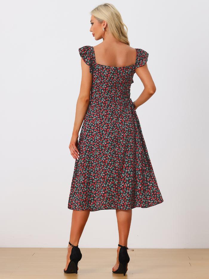 Allegra K Floral Cherry Print Lace-up Square Neck Ruffle Midi Dress Sundress