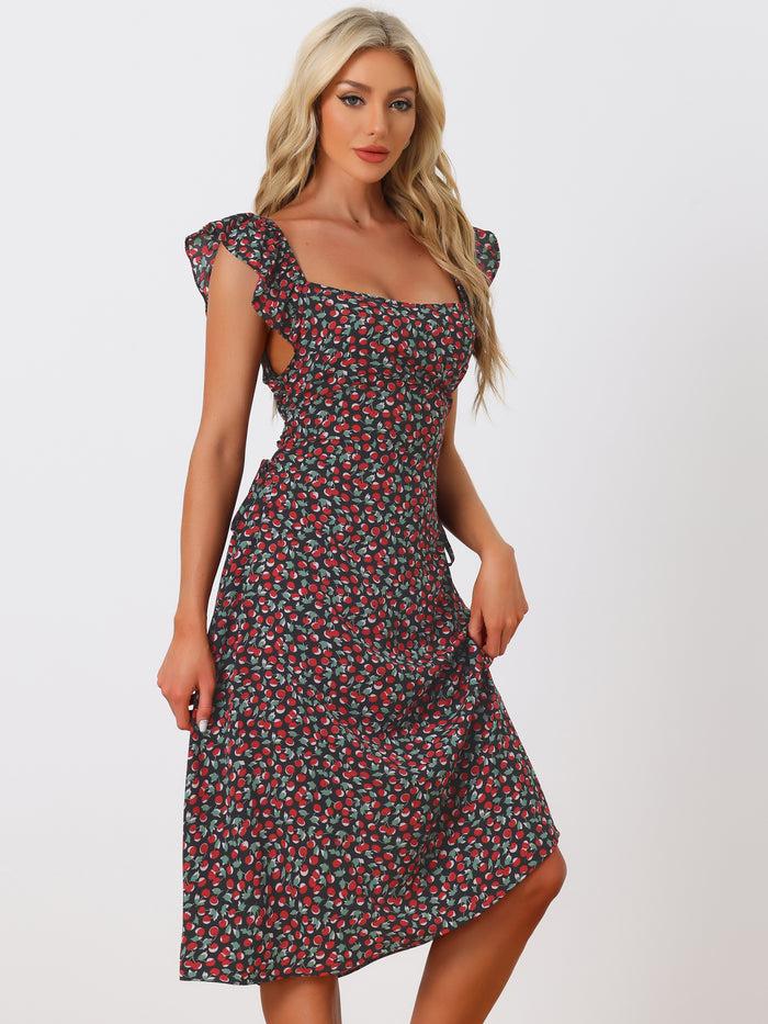 allegra k Floral Cherry Print Lace-up Square Neck Ruffle Midi Dress Sundress