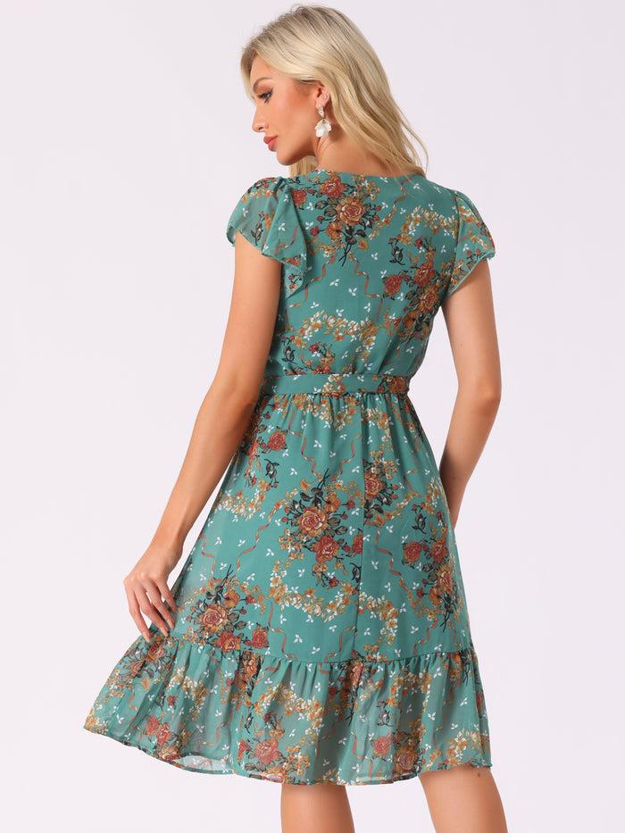 Allegra K Floral Chiffon Flutter Sleeve Belted Square Neck Ruffled Hem Dress