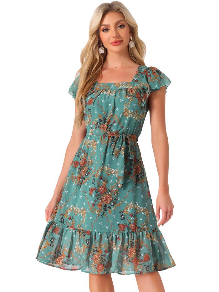 Allegra K Floral Chiffon Flutter Sleeve Belted Square Neck Ruffled Hem Dress