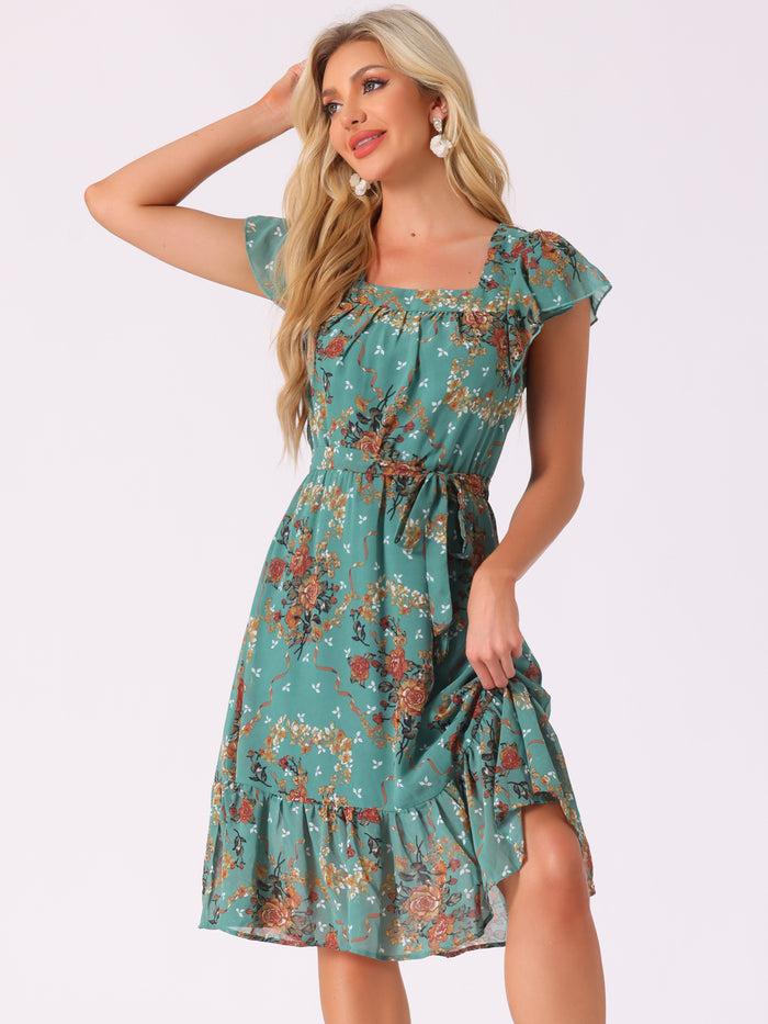 allegra k Floral Chiffon Flutter Sleeve Belted Square Neck Ruffled Hem Dress