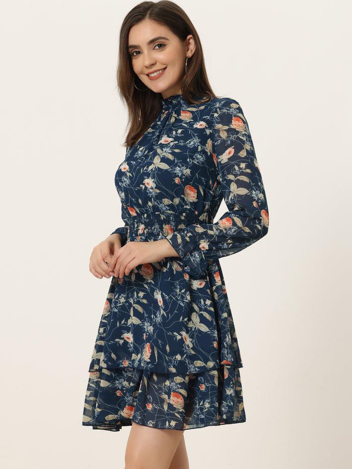 Allegra K Floral Chiffon Long Sleeve Mock Neck Ruffle Layered Mini Dress