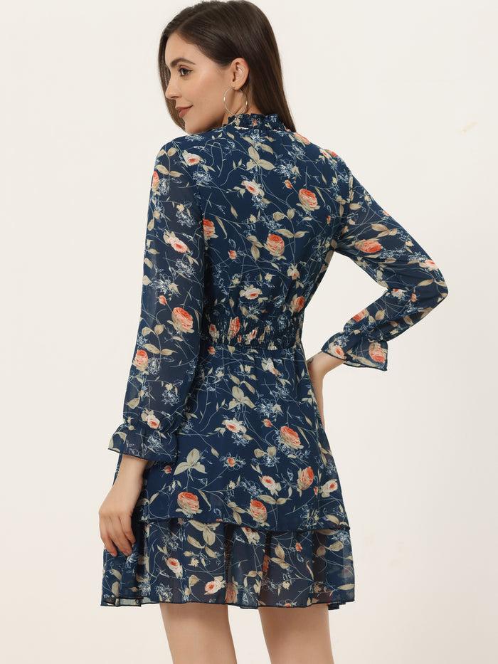 Allegra K Floral Chiffon Long Sleeve Mock Neck Ruffle Layered Mini Dress