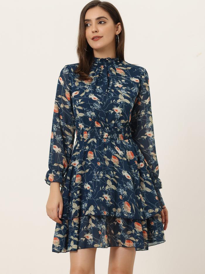 allegra k Floral Chiffon Long Sleeve Mock Neck Ruffle Layered Mini Dress