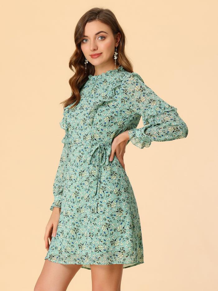 Allegra K Floral Chiffon Ruffle Mock Neck Tie Waist Swing Dress