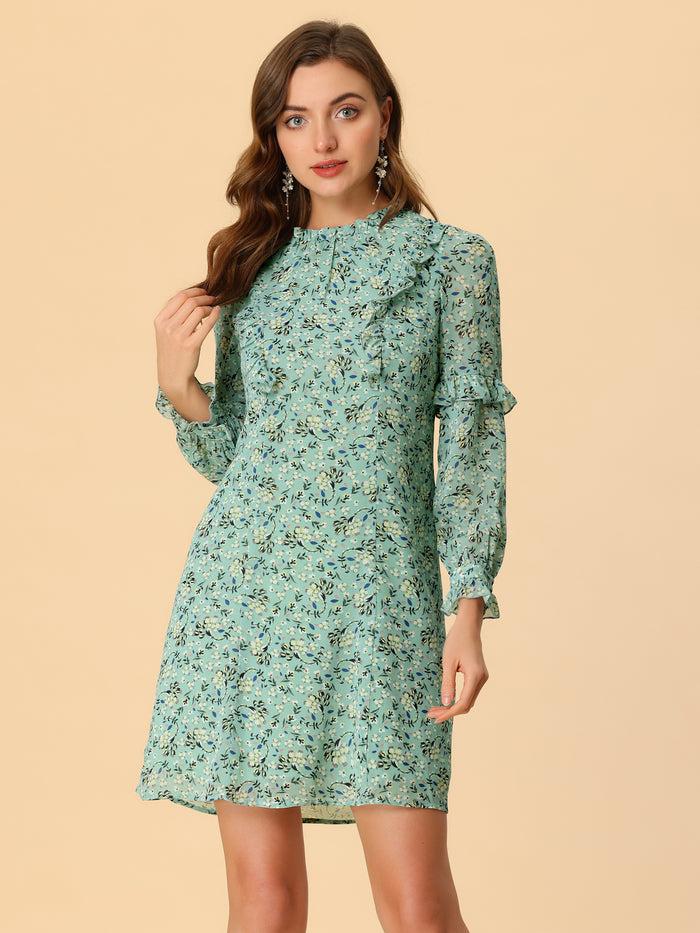 Allegra K Floral Chiffon Ruffle Mock Neck Tie Waist Swing Dress