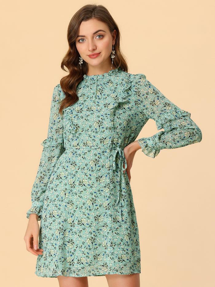 Allegra K Floral Chiffon Ruffle Mock Neck Tie Waist Swing Dress
