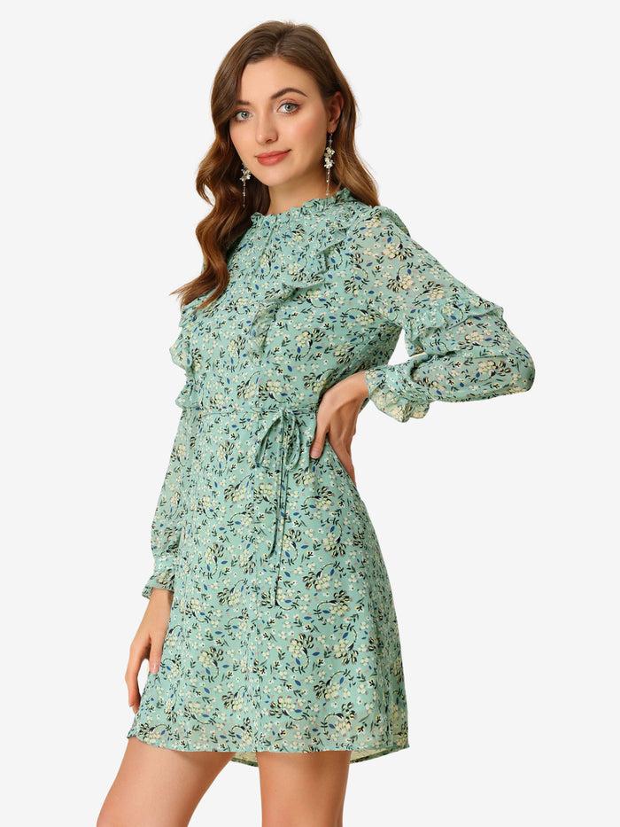 allegra k Floral Chiffon Ruffle Mock Neck Tie Waist Swing Dress