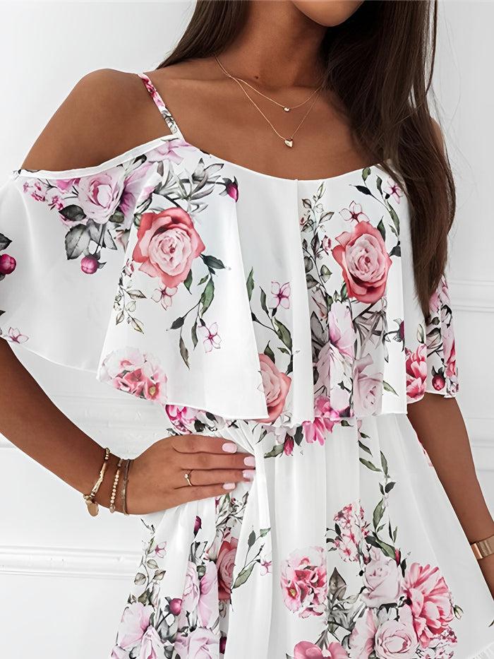 Allegra K Floral Cold Shoulder Ruffled Mini Chiffon Dress