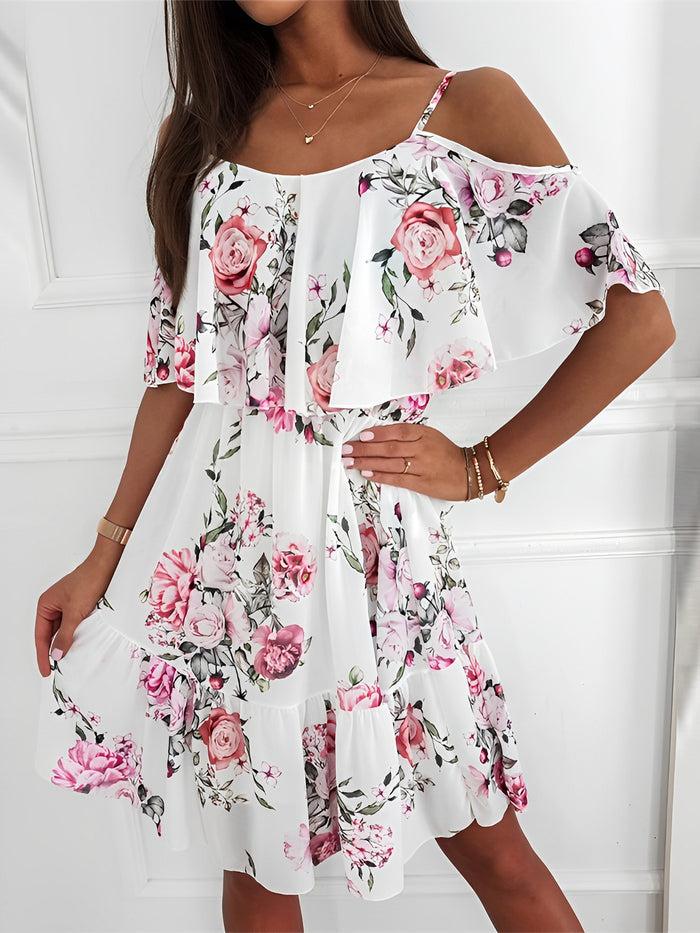 Allegra K Floral Cold Shoulder Ruffled Mini Chiffon Dress