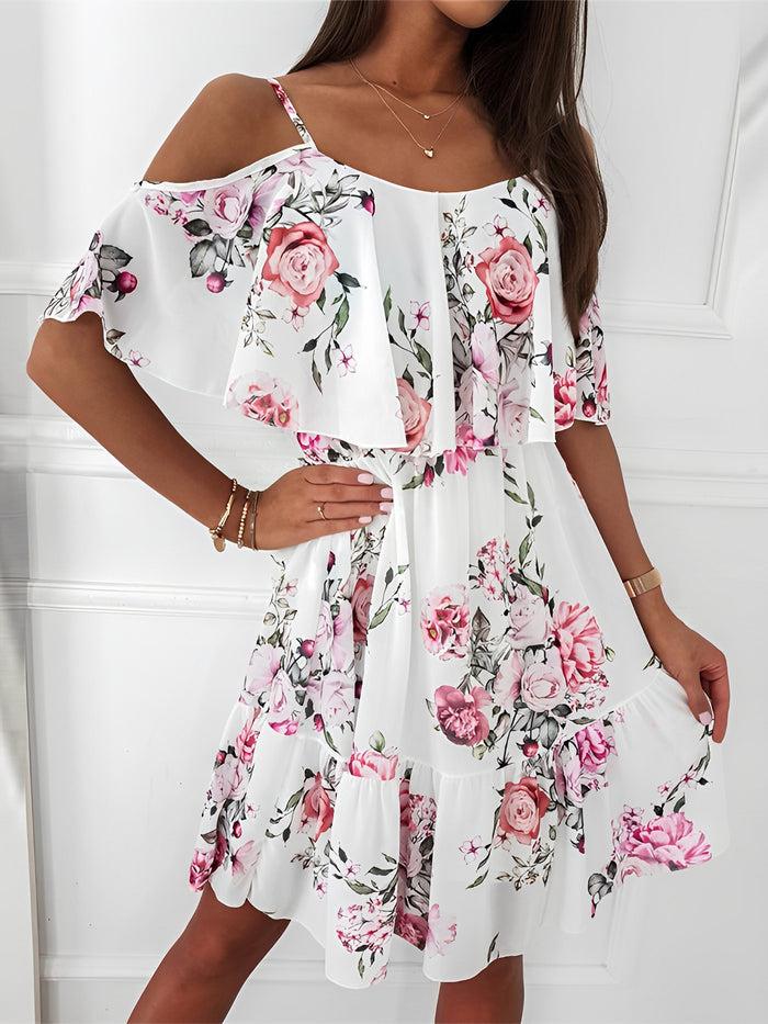 allegra k Floral Cold Shoulder Ruffled Mini Chiffon Dress