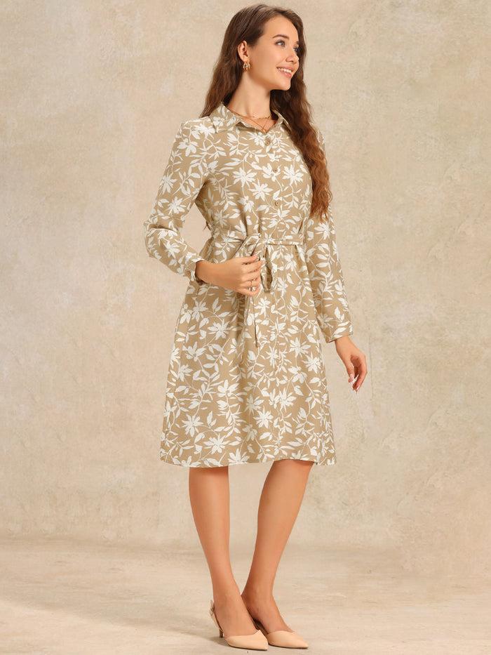 Allegra K Floral Collar Long Sleeve Tie Waist Midi Shirt Dress