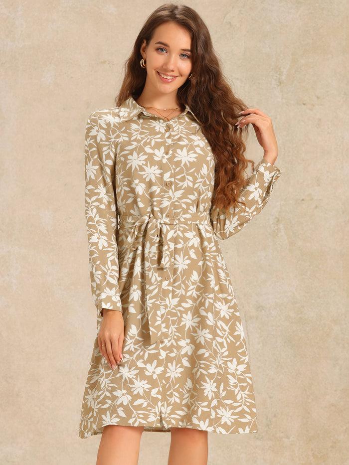 allegra k Floral Collar Long Sleeve Tie Waist Midi Shirt Dress
