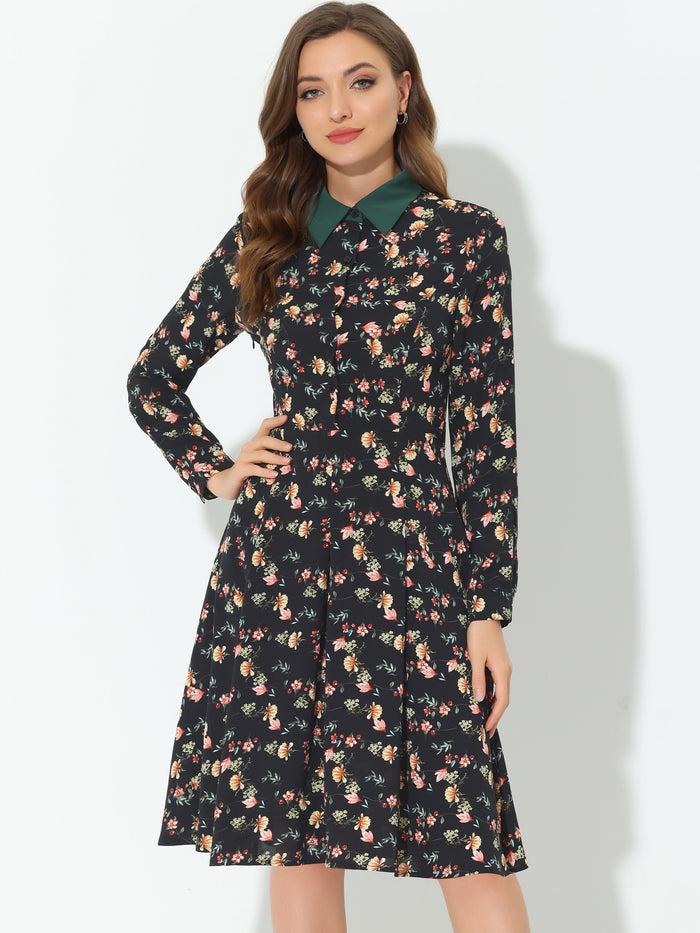Allegra K Floral Contrast Collar Belted Long Sleeve Retro Work Office Dress