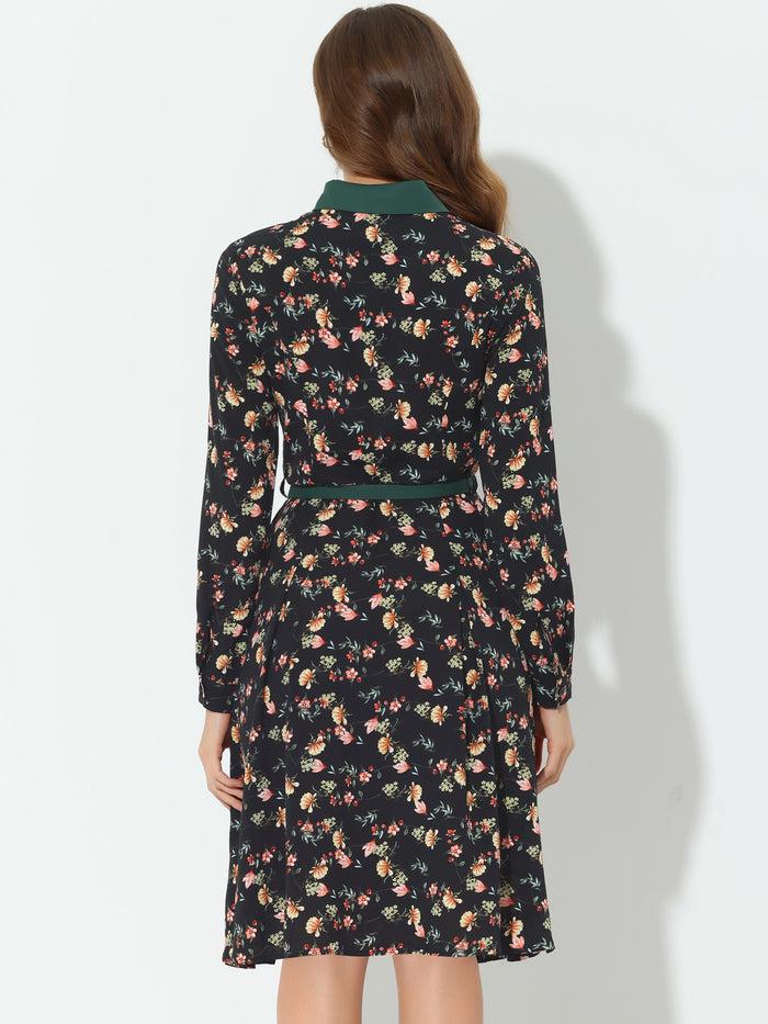 Allegra K Floral Contrast Collar Belted Long Sleeve Retro Work Office Dress