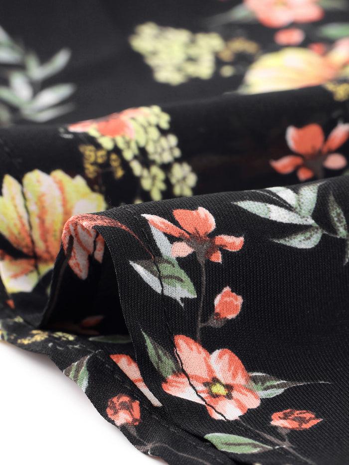 Allegra K Floral Contrast Collar Belted Long Sleeve Retro Work Office Dress