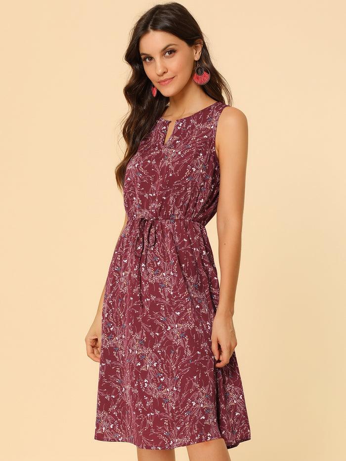 Allegra K Floral Drawstring Waist Sleeveless A-Line Midi Dress Sundress