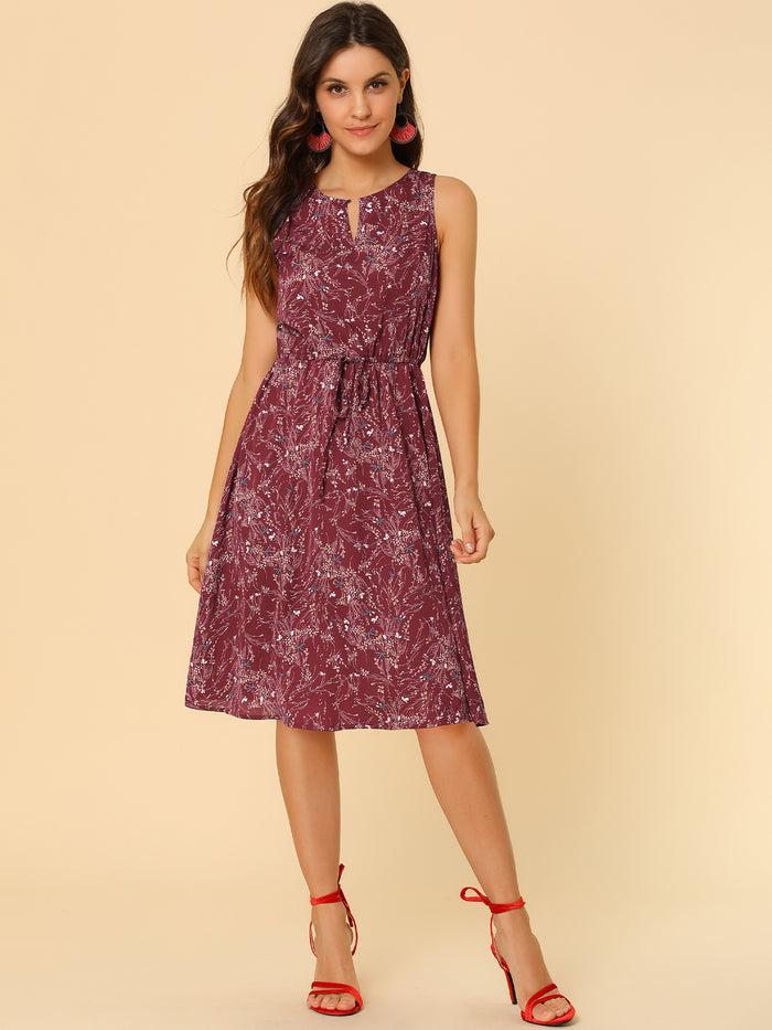 Allegra K Floral Drawstring Waist Sleeveless A-Line Midi Dress Sundress