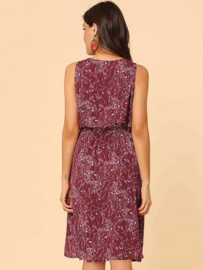 Allegra K Floral Drawstring Waist Sleeveless A-Line Midi Dress Sundress