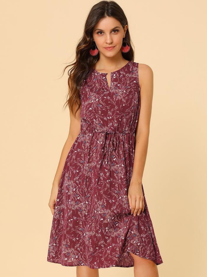 allegra k Floral Drawstring Waist Sleeveless A-Line Midi Dress Sundress
