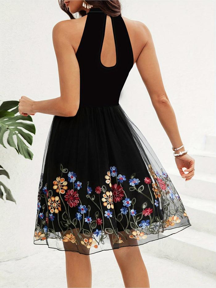 Allegra K Floral Embroidered Mesh Halter Neck Mini A-Line Dress